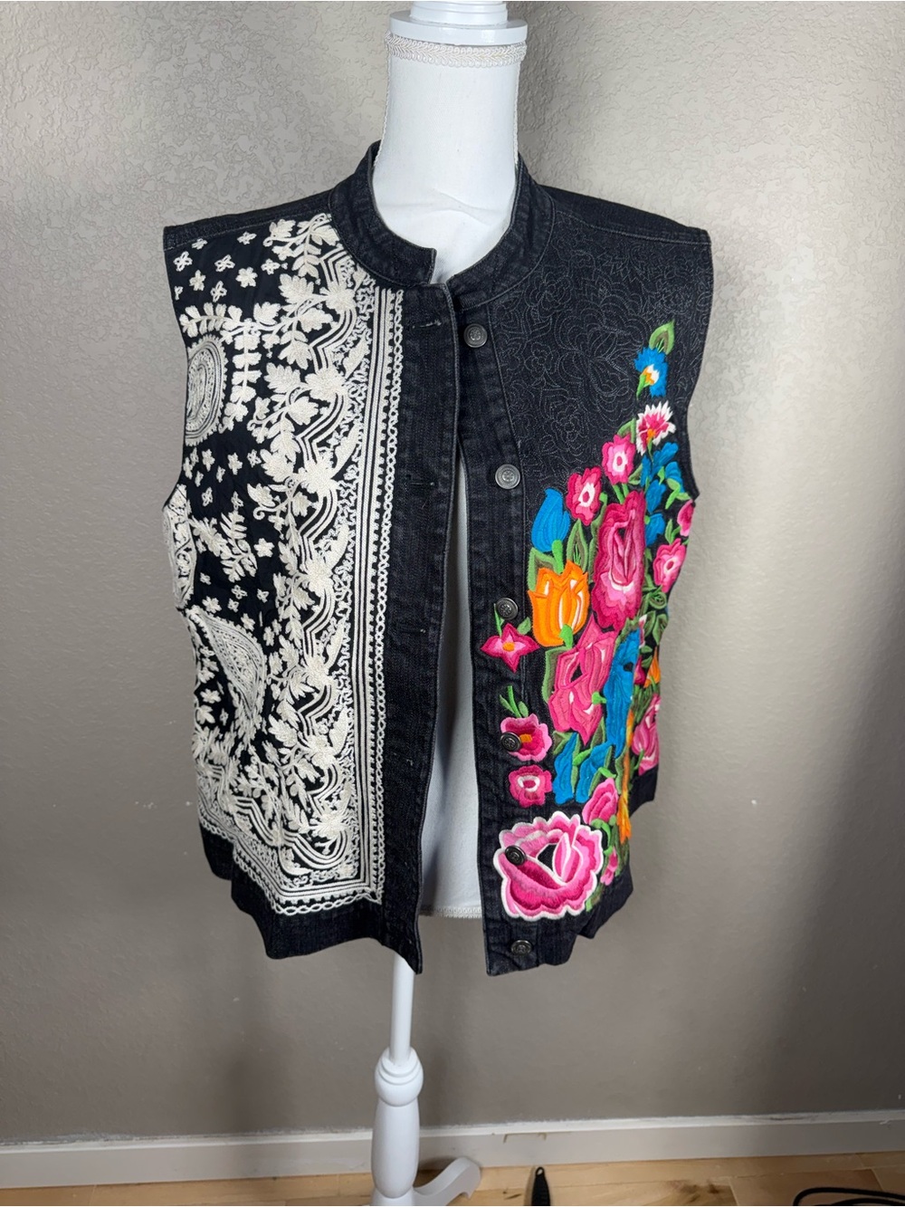 Chico's Black Denim Vest, Floral Embroidery